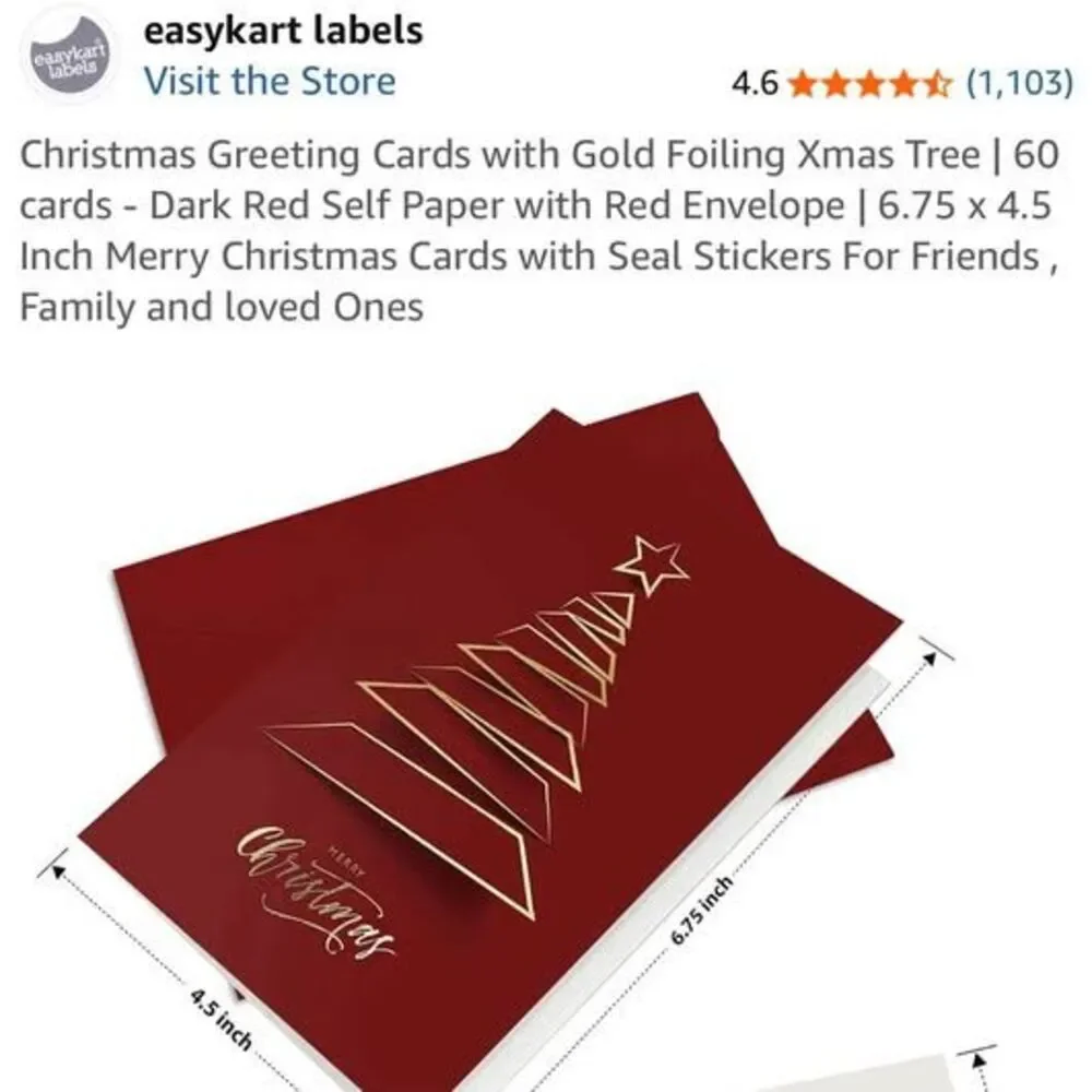 Easykart Christmas Greeting Cards with Gold Foiling Xmas Tree | 60 cards - Red
